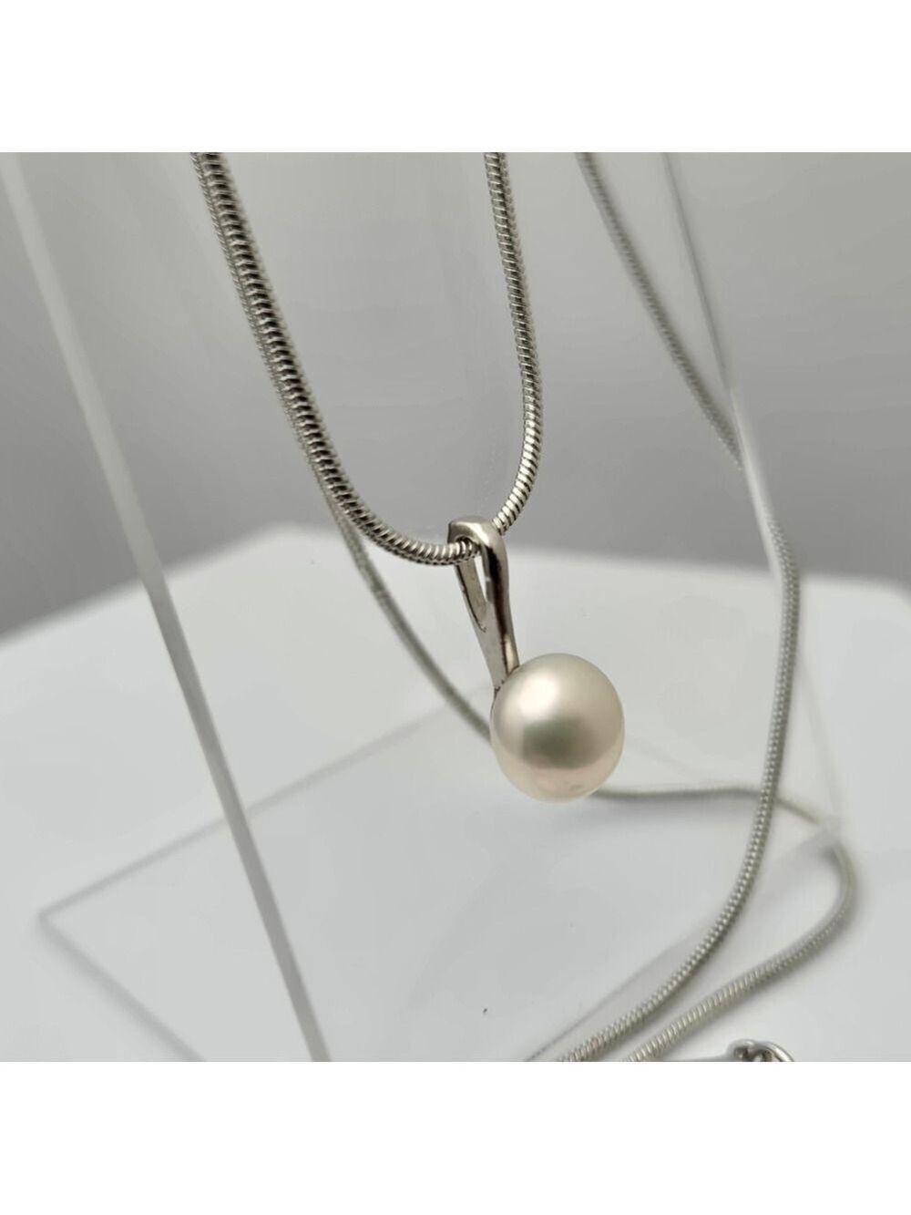 Freshwater White Pearl Necklace 18" Silver Plated Snake Chain Minimalist Elegant